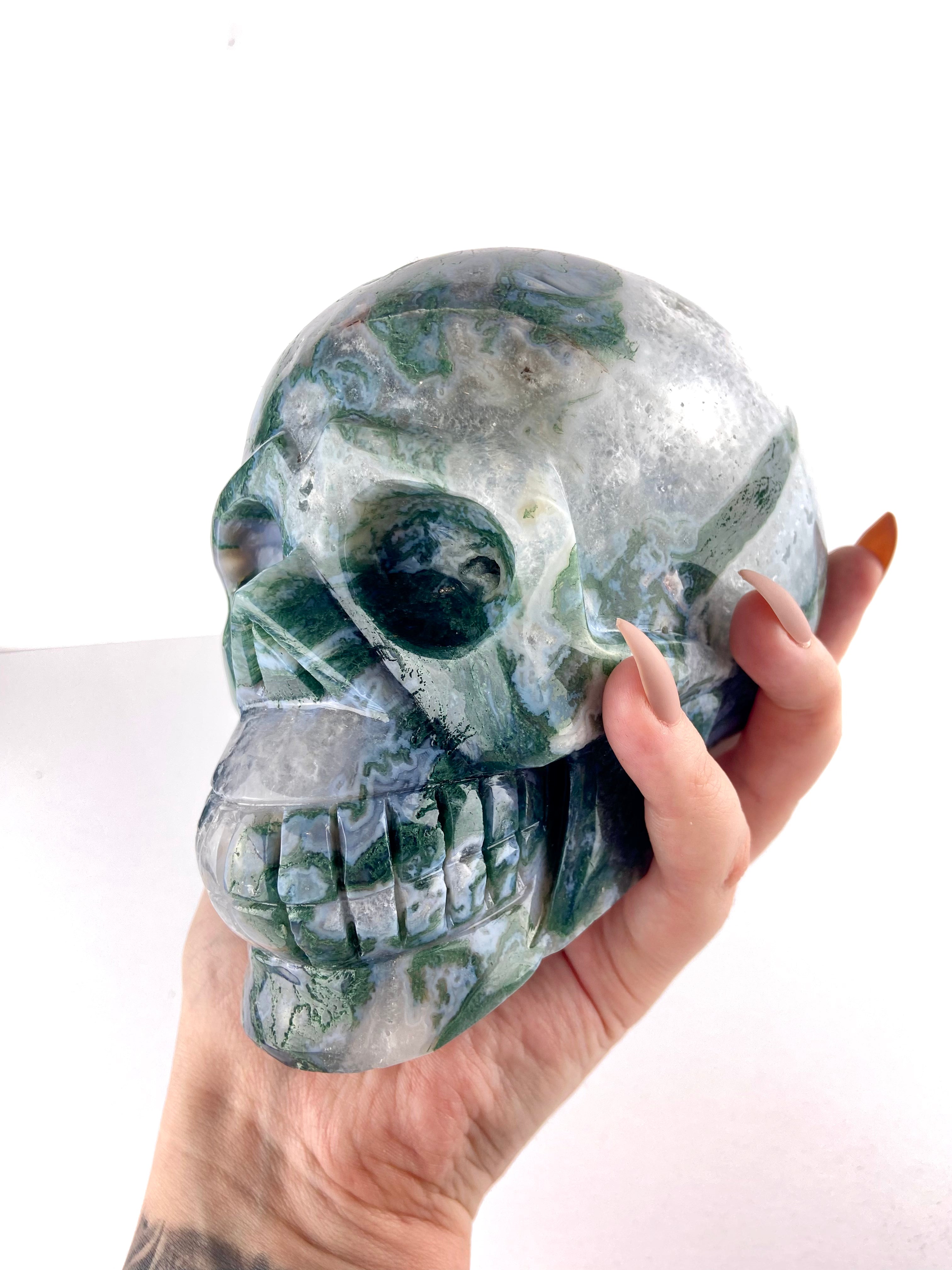 Large Moss Agate Skull with Nature Caves! Hand Carved Moss Agate Skull high quality - Moss Agate Crystal Carving